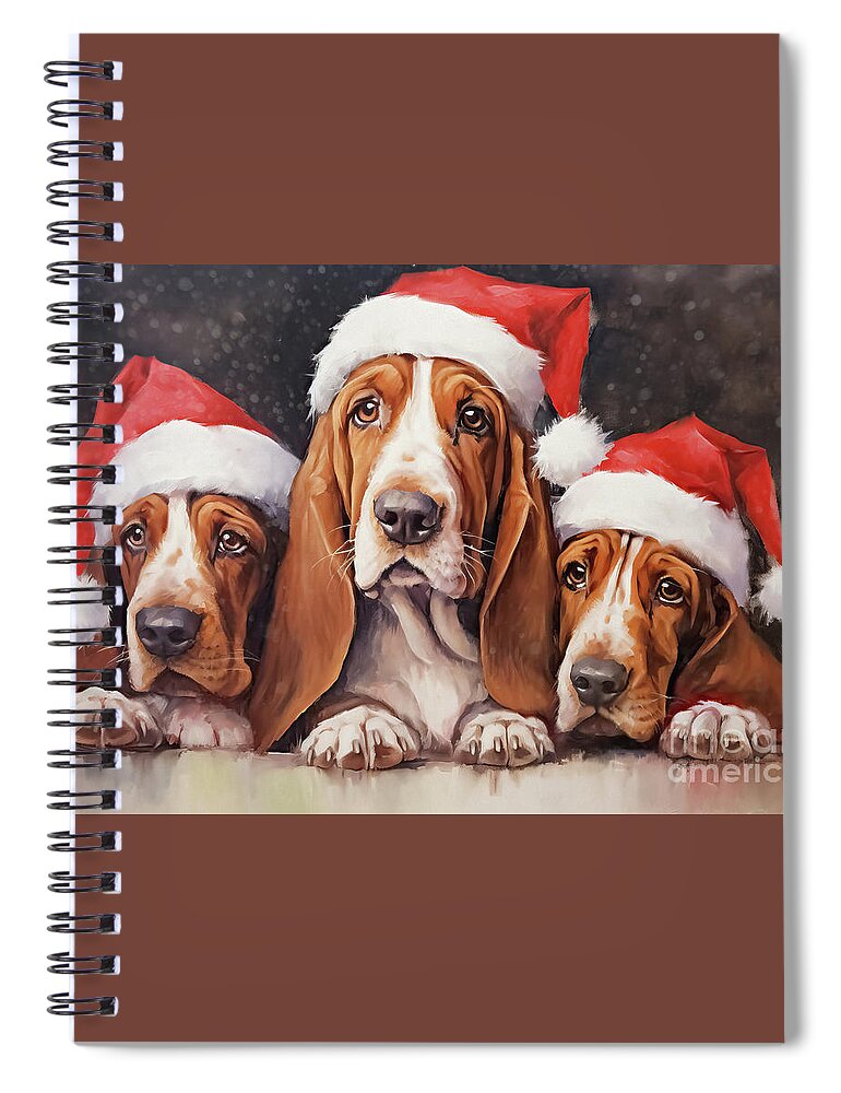 Basset Hound Spiral Notebook featuring the painting Christmas Hounds by Tina LeCour