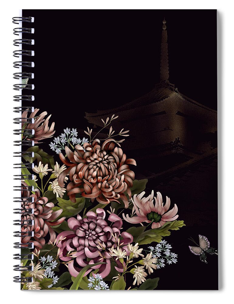 Chinoiserie Spiral Notebook featuring the digital art Chrysanthemums and Butterflies Glitter Temple Chinoiserie by Sand And Chi