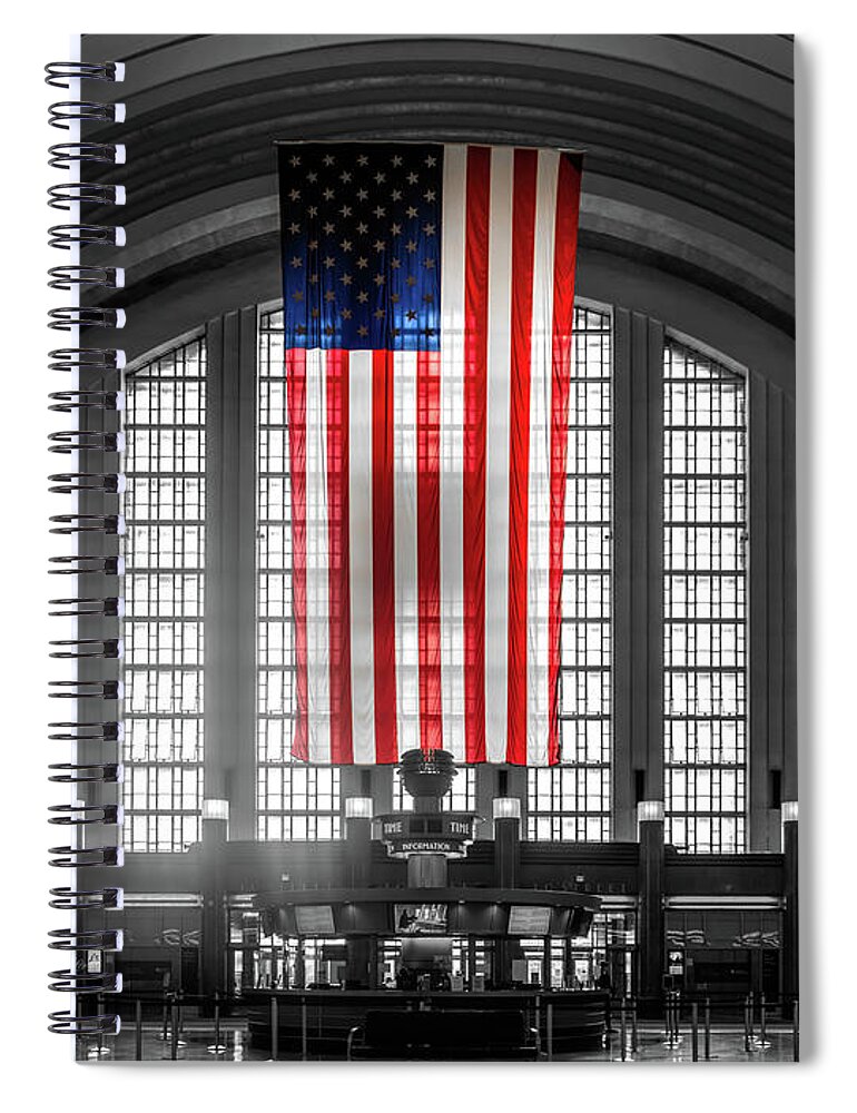 Interior Union Terminal Station Cincinnati Spiral Notebook featuring the photograph Cincinnati Union Terminal Interior American Flag by Sharon Popek