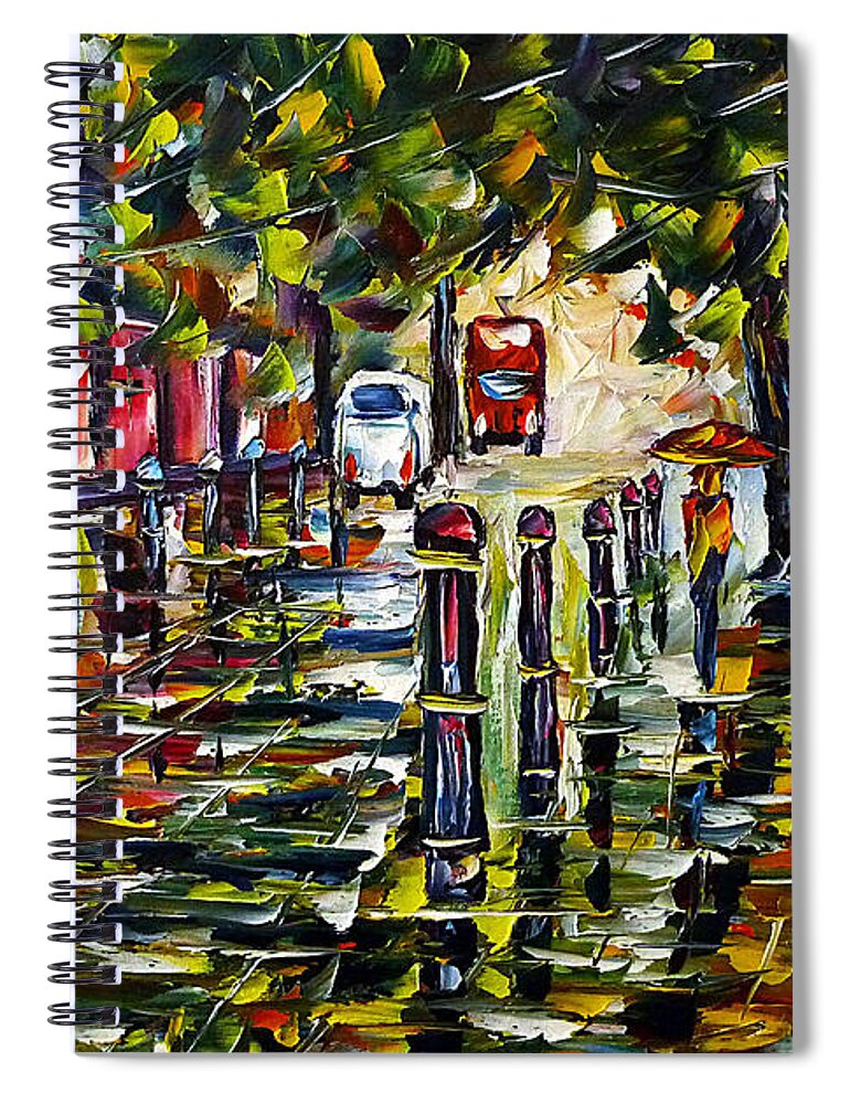 Rainy Cityscape Spiral Notebook featuring the painting City In The Rain by Mirek Kuzniar