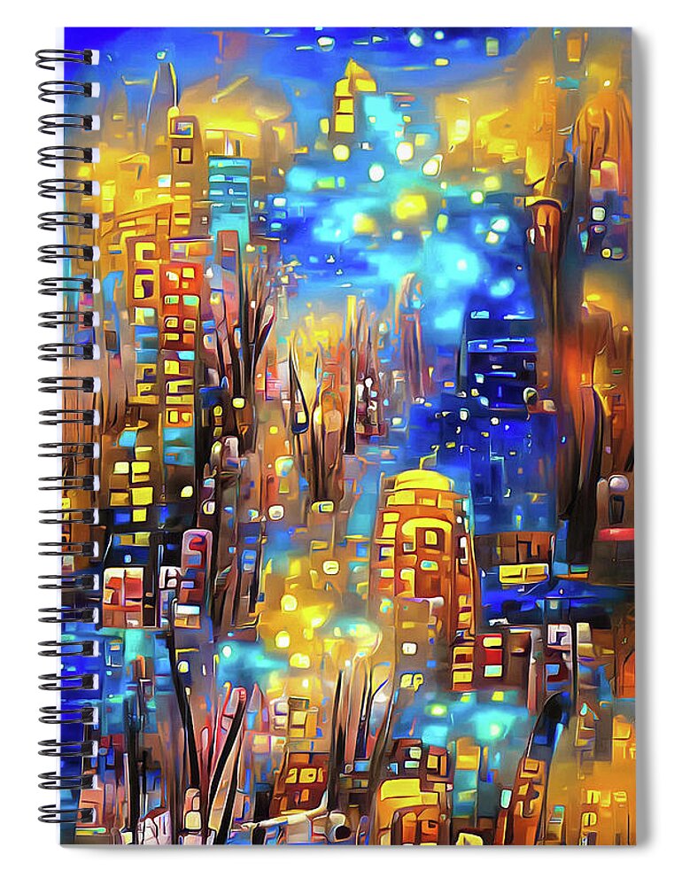 City Spiral Notebook featuring the digital art City Lights 09 Golden Glitter and Blue Night by Matthias Hauser