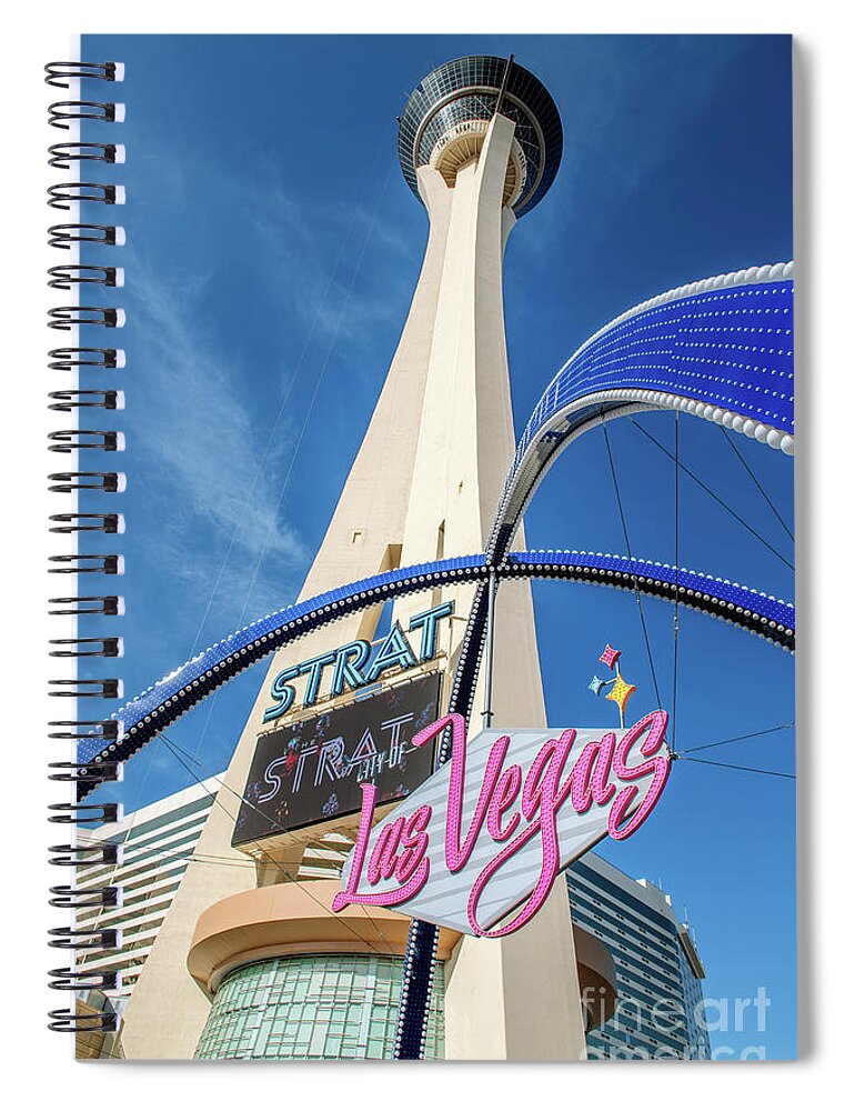 City Of Las Vegas Gateway Arch Spiral Notebook featuring the photograph City of Las Vegas Arch and the Strat From Below Portrait by Aloha Art