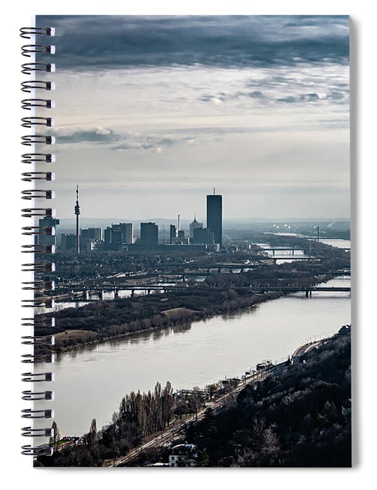 Aerial Spiral Notebook featuring the photograph City Of Vienna With Suburbs And River Danube In Austria by Andreas Berthold