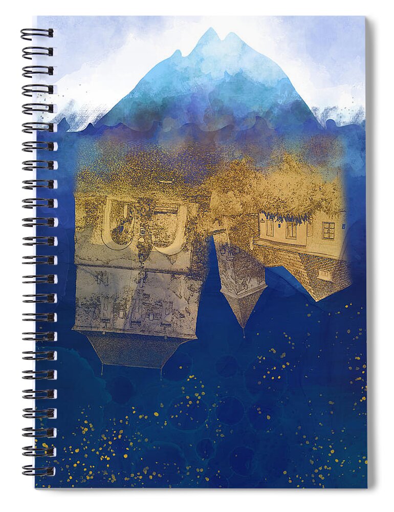 Climate Spiral Notebook featuring the digital art City Under Water - Climate Change Surrealism by Andreea Dumez