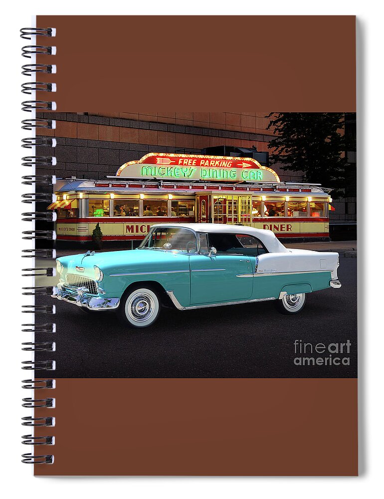 1955 Spiral Notebook featuring the photograph Classic '55 Chevy Convertible At Mickey's Diner by Ron Long