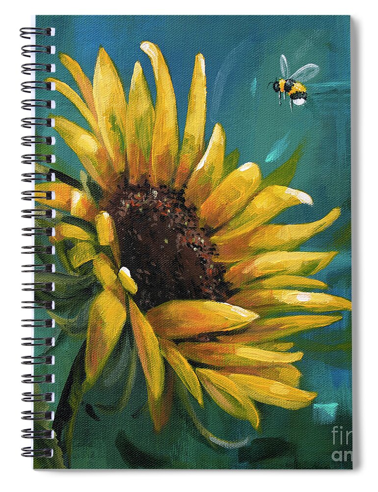 Summer Spiral Notebook featuring the painting Cleared for Landing - Sunflower painting by Annie Troe