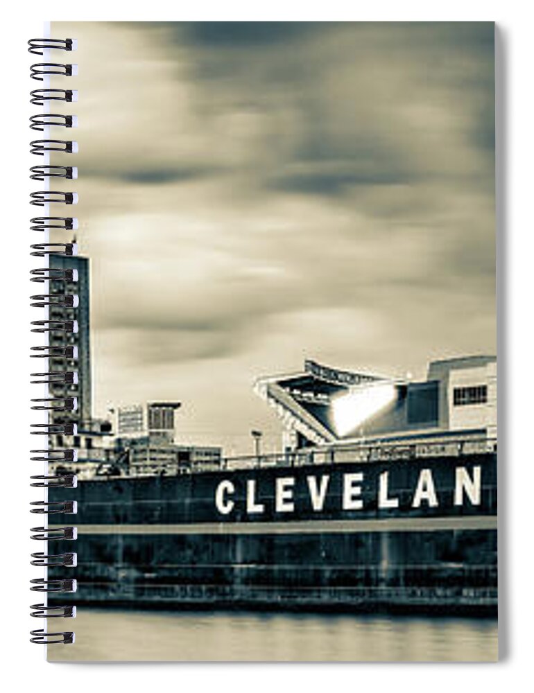 Cleveland Skyline Spiral Notebook featuring the photograph Cleveland Cliffs Skyline And Browns Stadium Sepia Panorama by Gregory Ballos