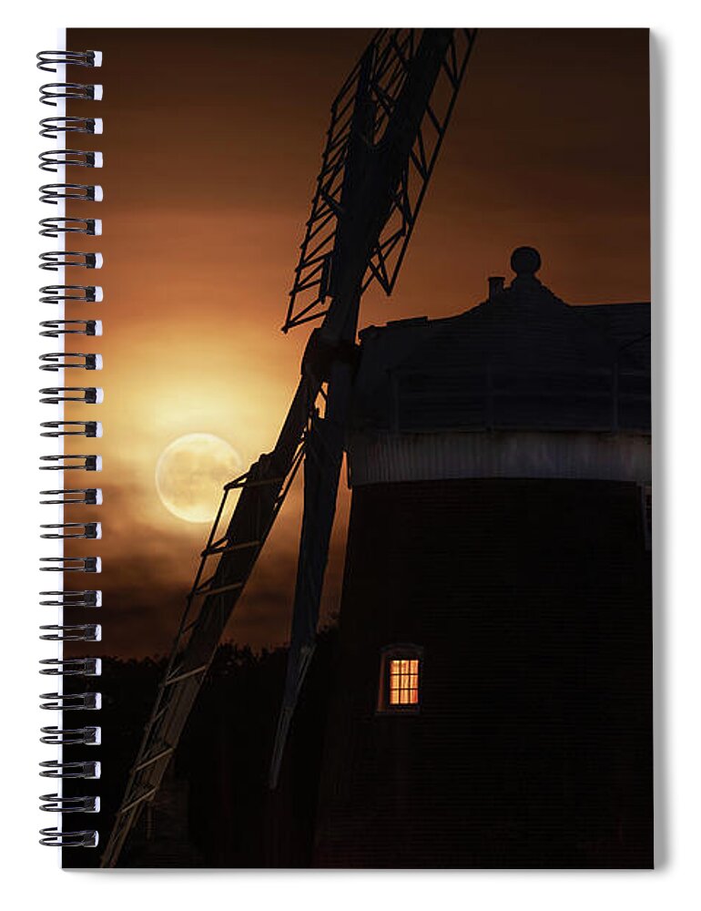 Cley Spiral Notebook featuring the photograph Cley windmill and harvest moon at night in Norfolk by Simon Bratt
