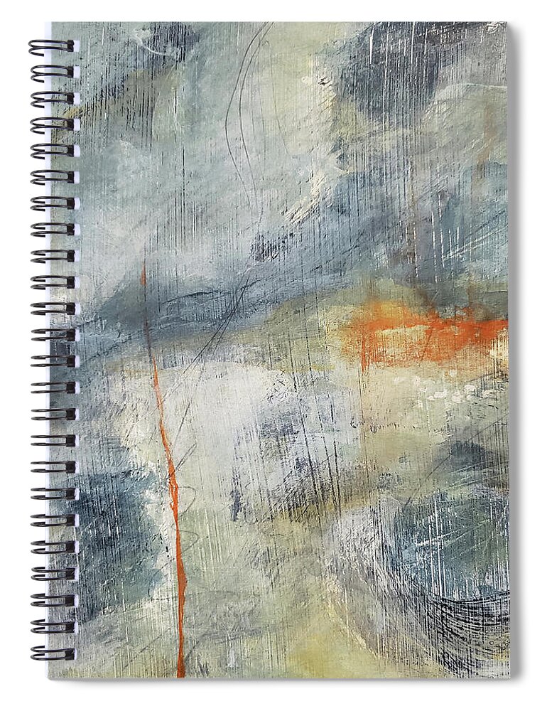 Colorful Abstract Spiral Notebook featuring the painting CLIMATE CHANGE Abstract Movement in Stone Blue Orange Ochre White by Lynnie Lang