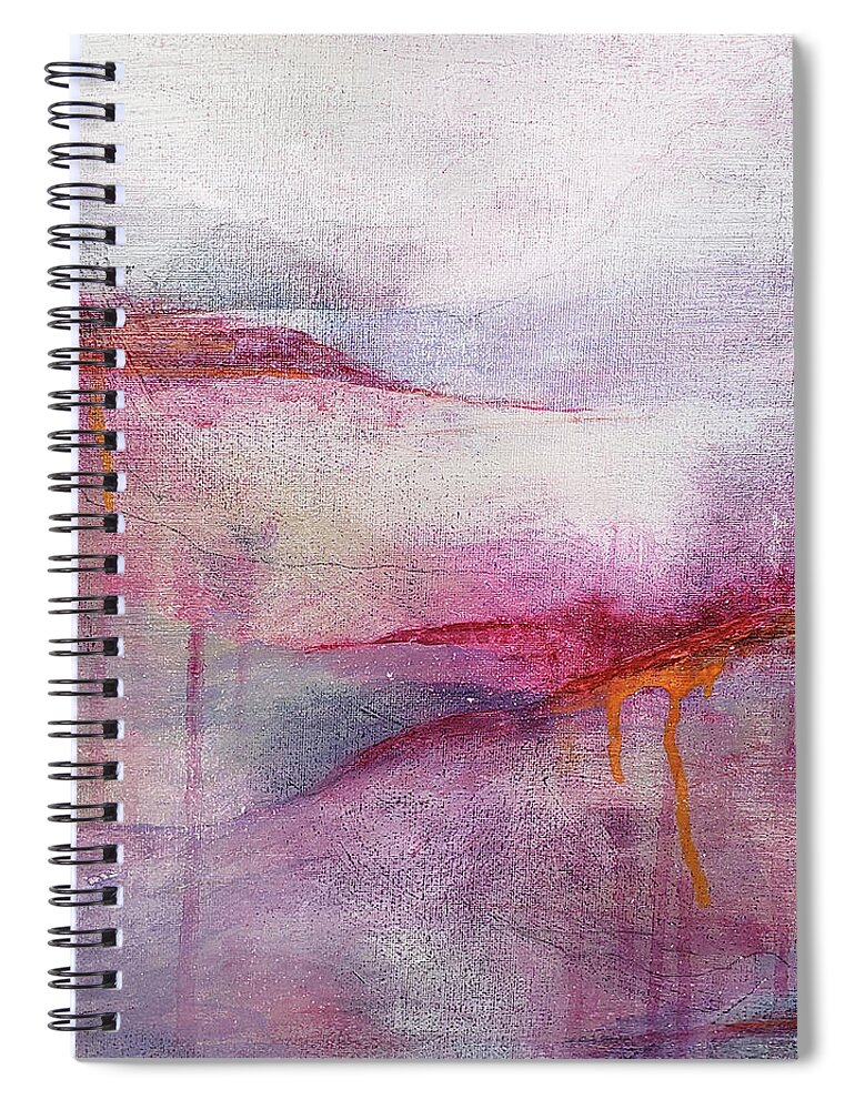 Red Spiral Notebook featuring the painting CLIMATE CHANGE III Abstract Landscape Sunset in Red Pink Purple Orange Gray by Lynnie Lang