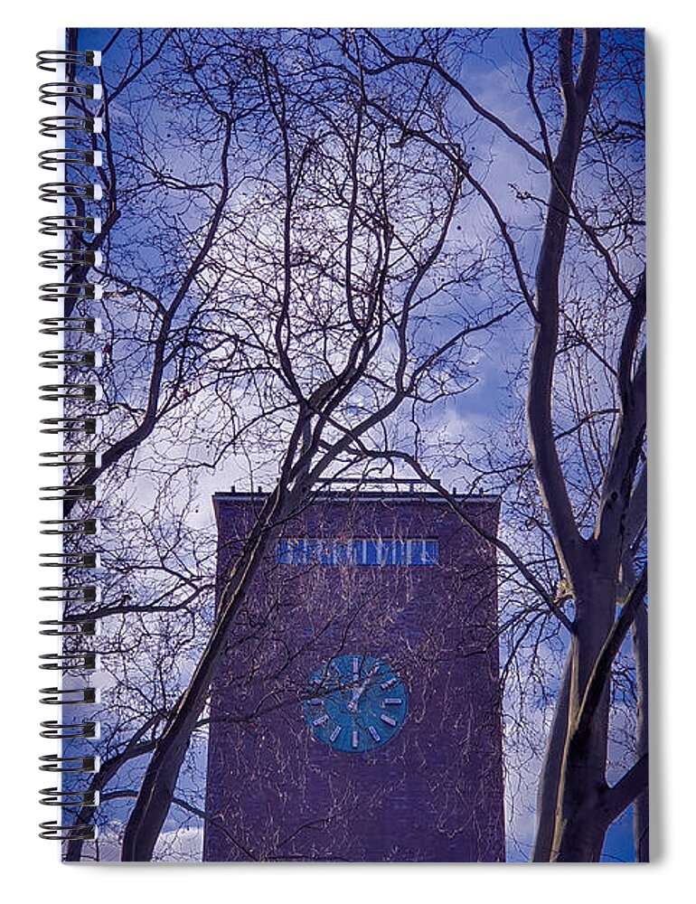 Clock Spiral Notebook featuring the photograph Clock tower of the central train station in Oberhausen, Germany by Mendelex Photography
