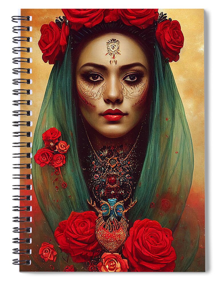 Beautiful Spiral Notebook featuring the painting Closeup Portrait Of Beautiful Mexican Queen Of Th 4fe6ce64 5481 4142 Ae54 E451d4f6a147 by MotionAge Designs