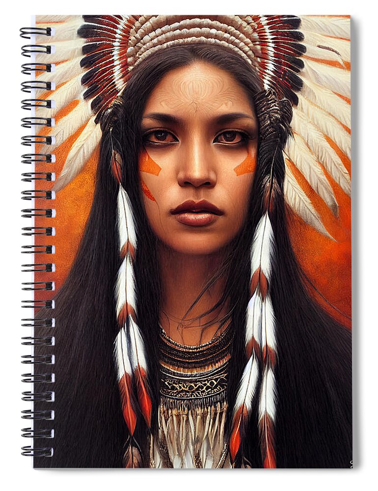Beautiful Spiral Notebook featuring the painting Closeup Portrait Of Beautiful Native American Wom 44777eb4 86ef 451e 8412 15e4cf2e6574 by MotionAge Designs