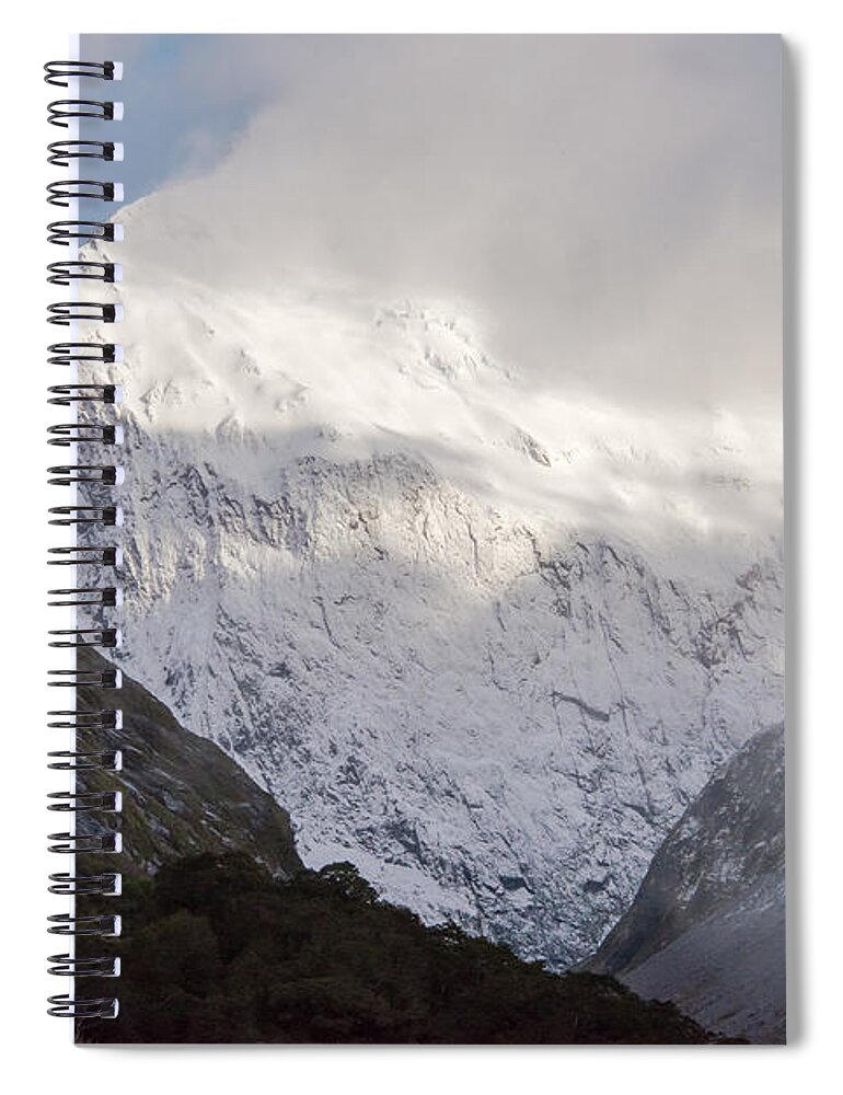Milford Sound Spiral Notebook featuring the photograph Clouds and Snow around Milford Sound One by Bob Phillips