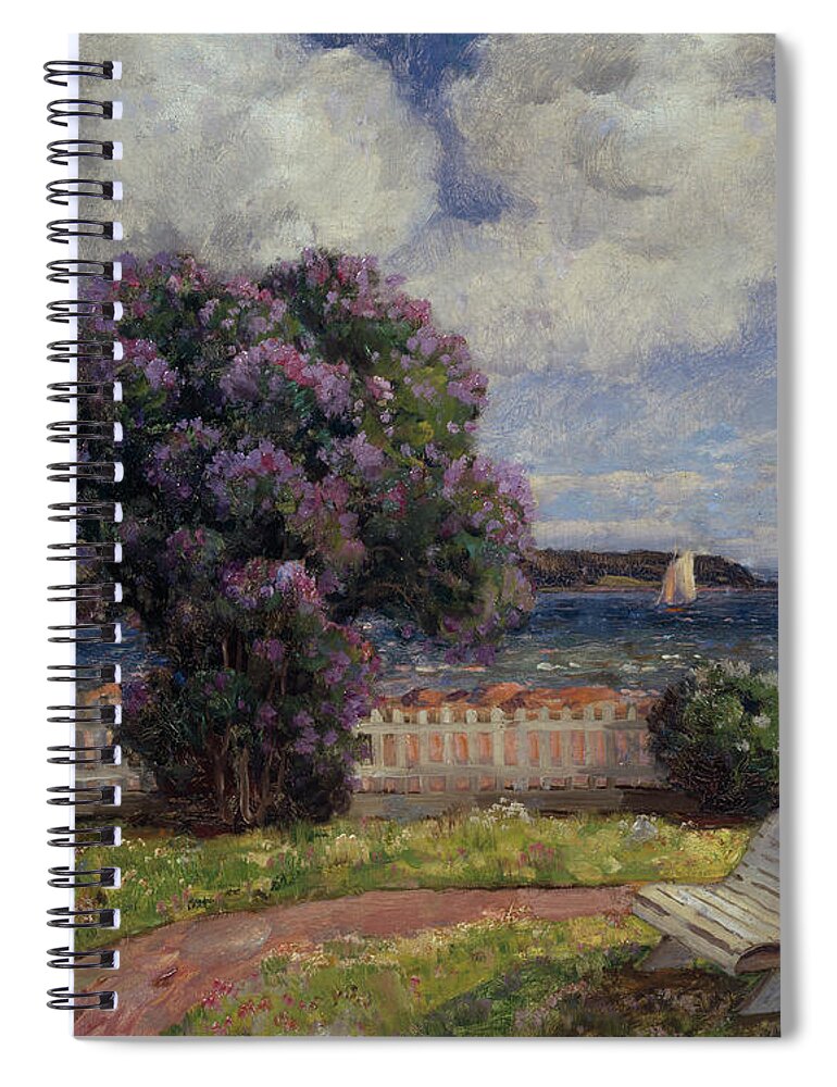 Thorolf Holmboe Spiral Notebook featuring the painting Coast landscape with blossoming lilac bush by O Vaering by Thorolf Holmboe