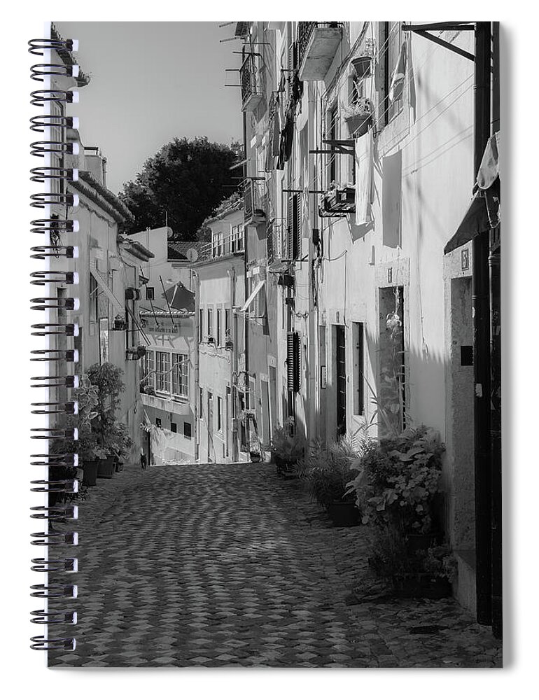 Balcony Spiral Notebook featuring the photograph Cobblestone Streets of Lisbon's Old Quarter by Christina McGoran