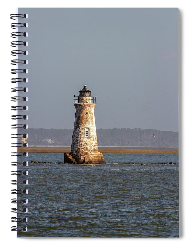 America Spiral Notebook featuring the photograph Cockspur Island Lighthouse and breakwater by Karen Foley