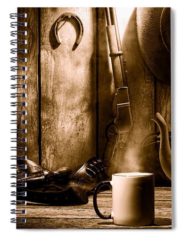 Antique Spiral Notebook featuring the photograph Coffee at the Cabin - Sepia by Olivier Le Queinec