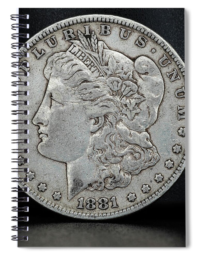 1881 Spiral Notebook featuring the photograph Coin Collecting - 1881 Morgan Dollar Face Side by Amelia Pearn