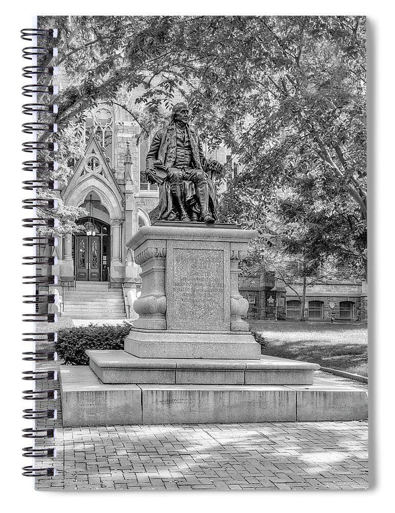Benjamin Franklin Spiral Notebook featuring the photograph College Hall Benjamin Franklin BW by Susan Candelario