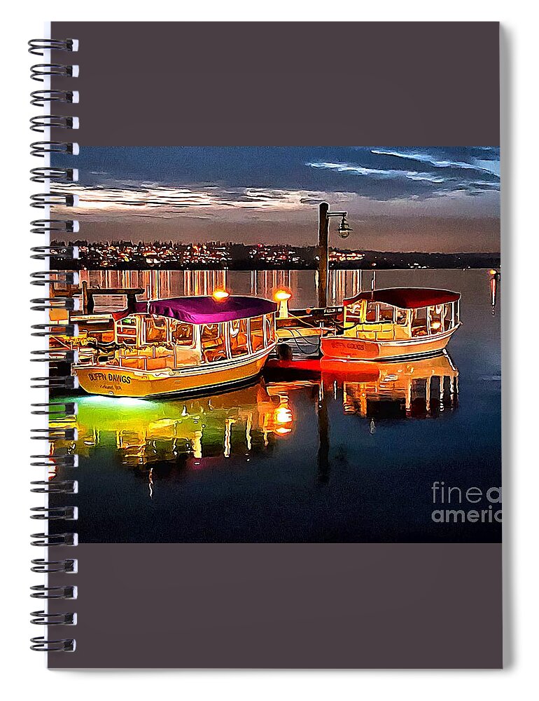 Boats Spiral Notebook featuring the photograph Colorful Boats and Lights in Kirkland by Sea Change Vibes