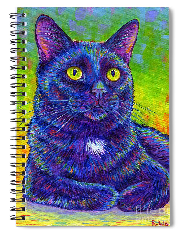 Black Cat Spiral Notebook featuring the painting Colorful Black Cat Portrait by Rebecca Wang