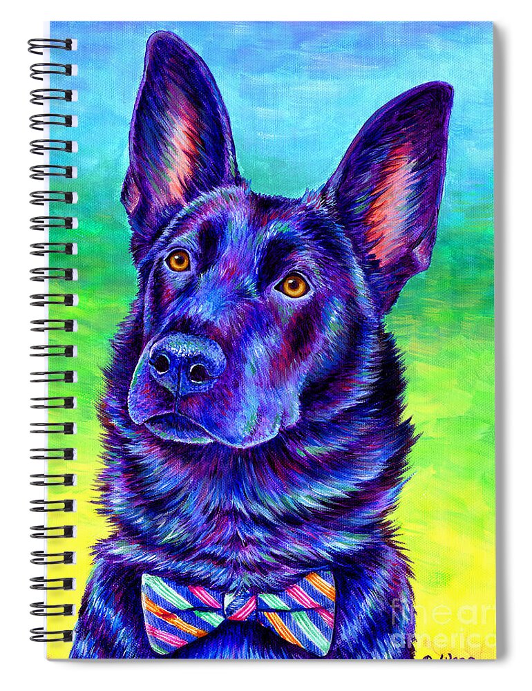 German Shepherd Spiral Notebook featuring the painting Colorful Black German Shepherd Dog by Rebecca Wang