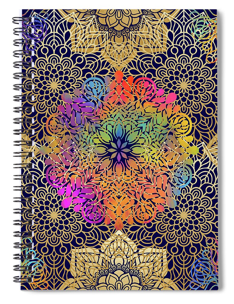 Mandala Spiral Notebook featuring the digital art Colorful Gold Mandala Pattern in Black Background by Sambel Pedes