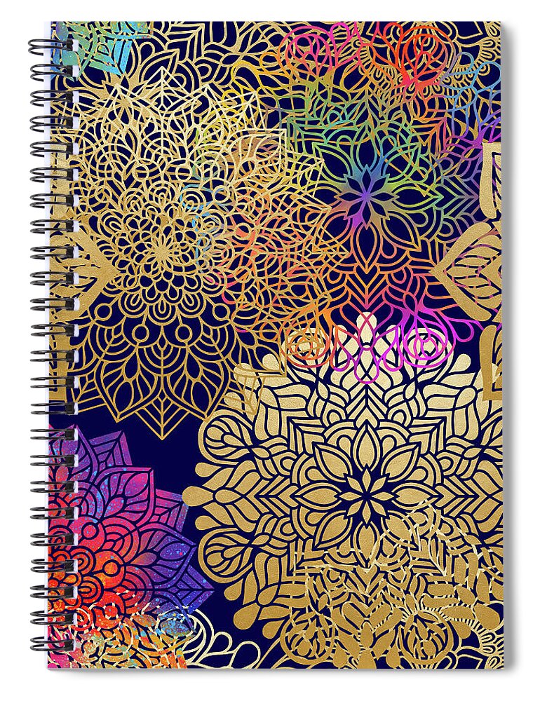 Mandala Spiral Notebook featuring the digital art Colorful Gold Mandala Pattern In Dark Background by Sambel Pedes