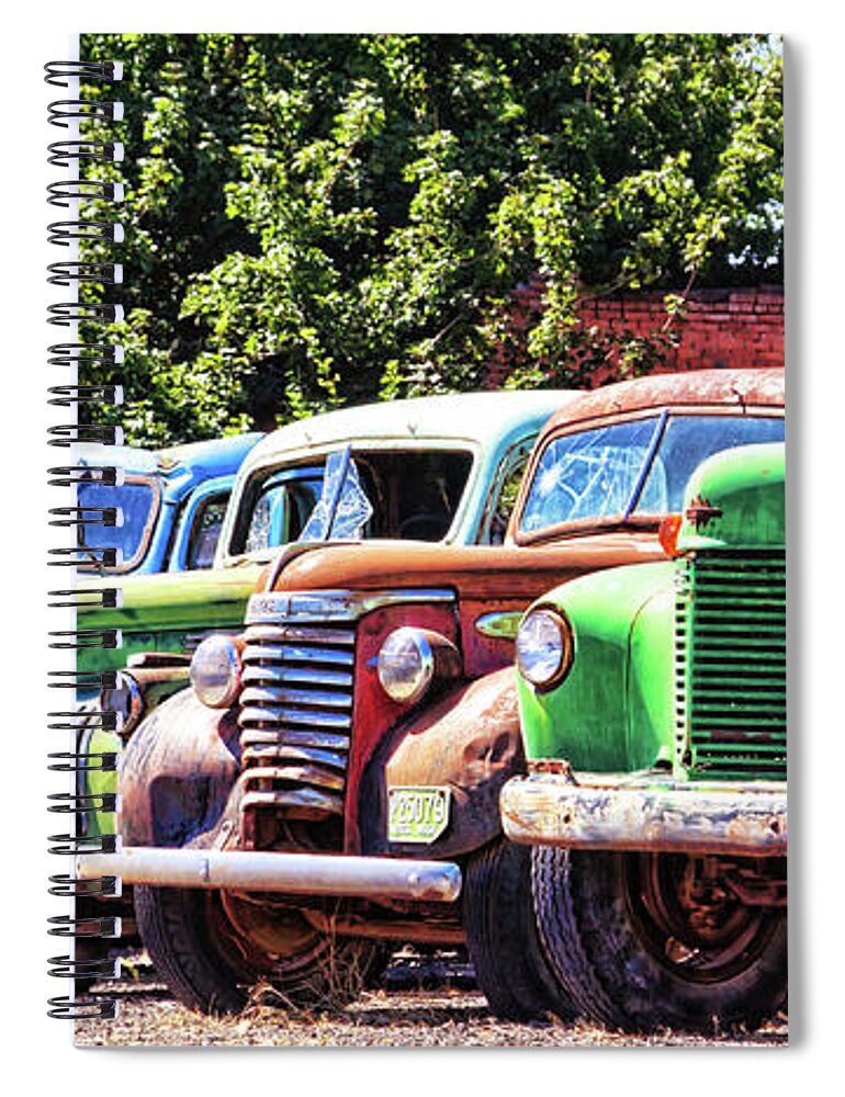 Old Trucks Spiral Notebook featuring the photograph Colorful old rusty cars by Tatiana Travelways