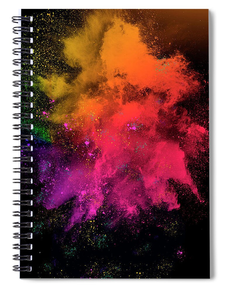 Paint Spiral Notebook featuring the digital art Colorful rainbow holi paint powder explosion isolated on black background by Maria Kray