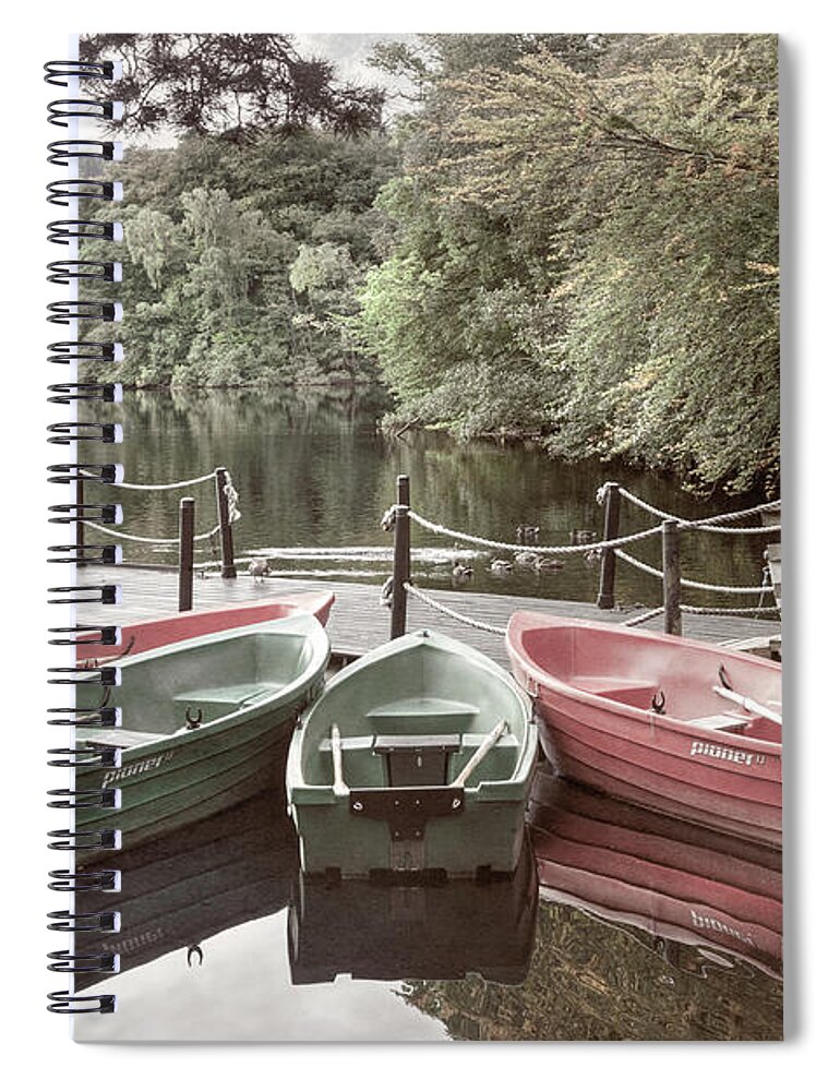 Boats Spiral Notebook featuring the photograph Colorful Rowboats in the Misty Lake by Debra and Dave Vanderlaan