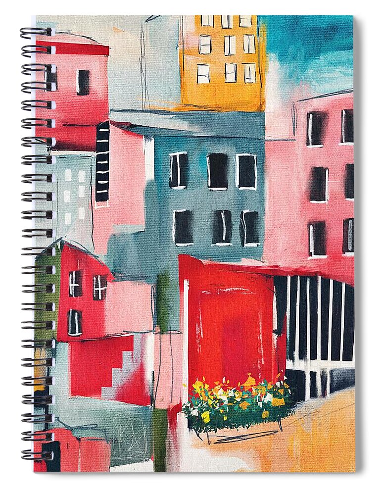 City Spiral Notebook featuring the mixed media Colorful Side Street- Art by Linda Woods by Linda Woods