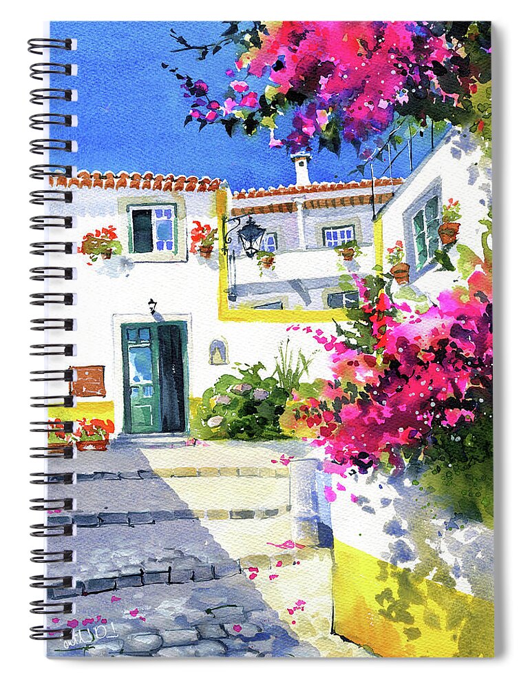 Portugal Spiral Notebook featuring the painting Colors Of Obidos Portugal Painting by Dora Hathazi Mendes