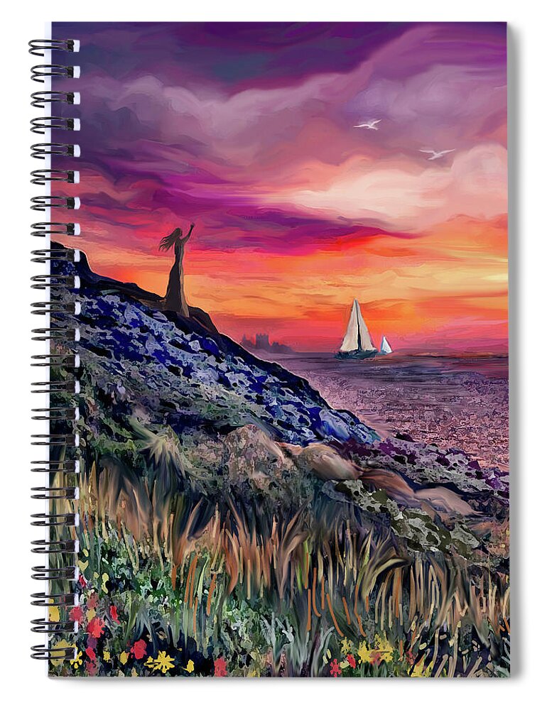 Sailboat Spiral Notebook featuring the mixed media Coming Home by Jean Batzell Fitzgerald