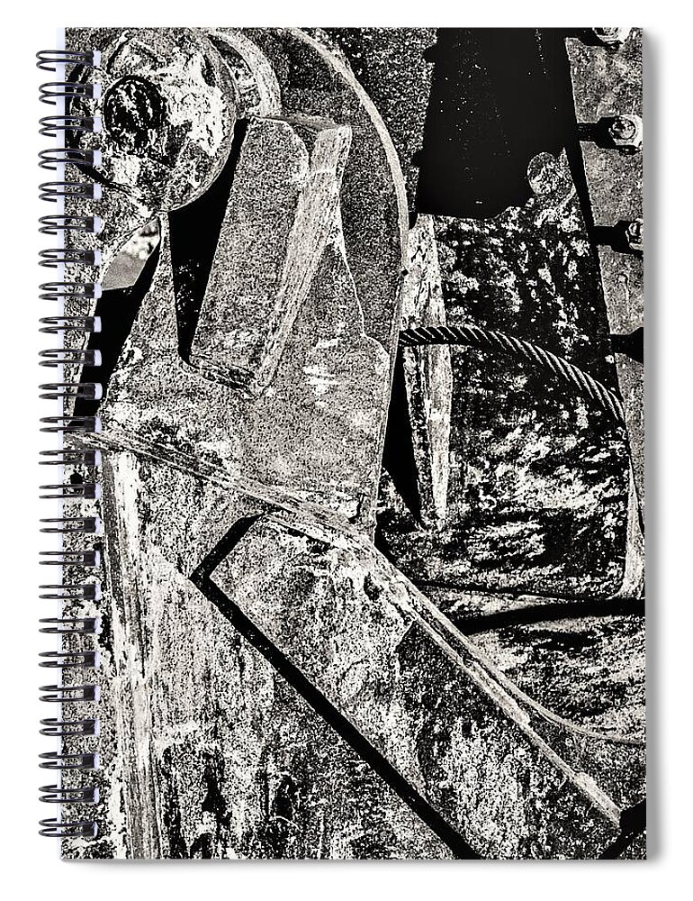 Construction Bucket Metal Crane Rusty B&w Spiral Notebook featuring the photograph Construction Bucket2 by John Linnemeyer
