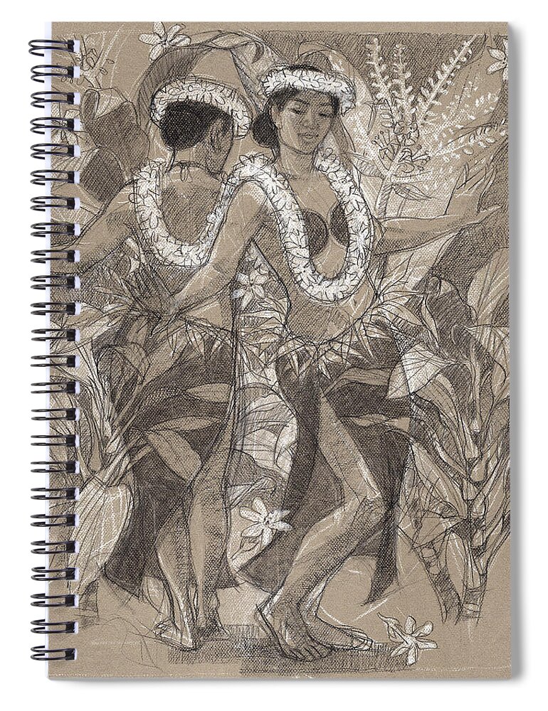 South Pacific Dancer Spiral Notebook featuring the drawing Cook Islands Action Song dancers by Judith Kunzle