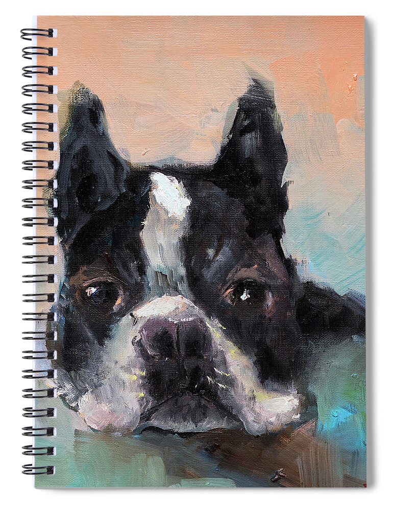 Dog Spiral Notebook featuring the painting Cooper, The Boston Terrier by Radha Rao