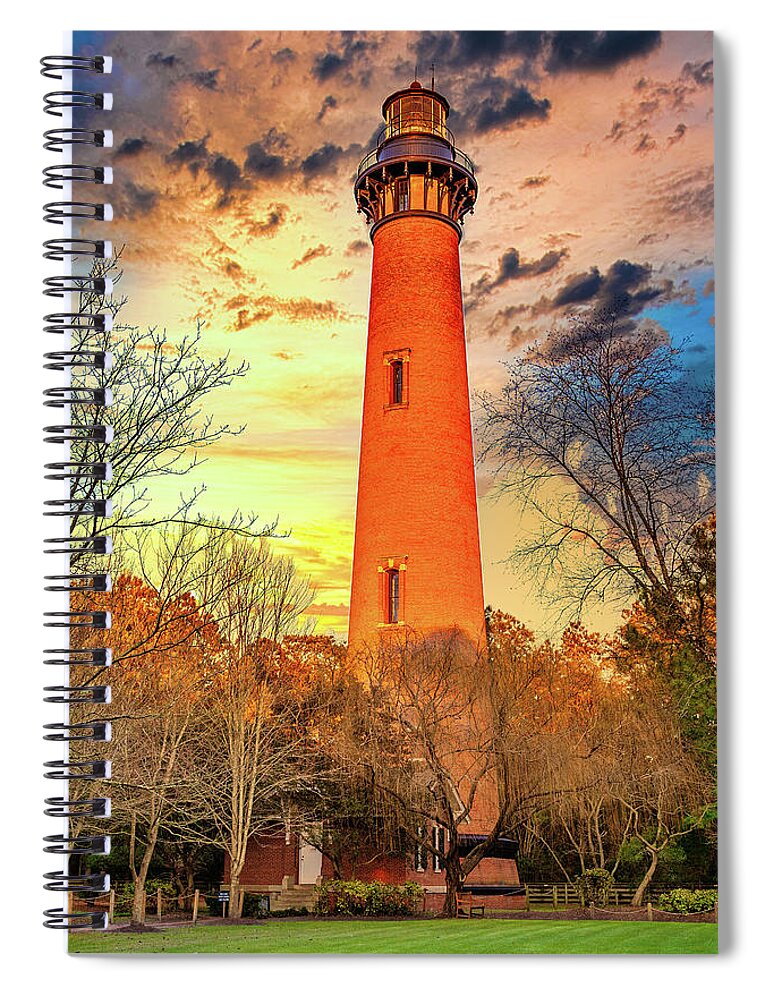 North Carolina Spiral Notebook featuring the photograph Corolla Lighthouse and Sunset Sky vert by Dan Carmichael