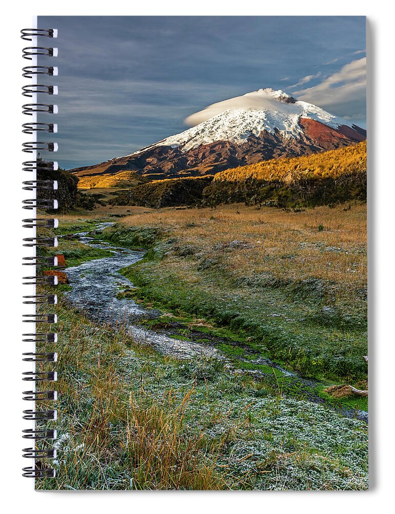 Andes Spiral Notebook featuring the photograph Cotopaxi mountain illuminated with the light of the rising sun by Henri Leduc
