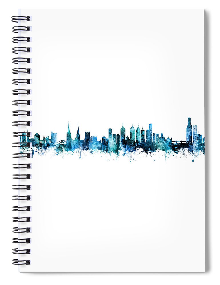 Melbourne Spiral Notebook featuring the digital art Coventry and Melbourne Skylines Mashup by Michael Tompsett