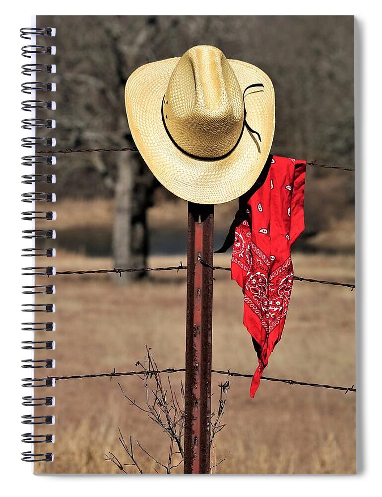 Cowboy Spiral Notebook featuring the photograph Cowboy Hat and Bandana on Fence Post by Sheila Brown