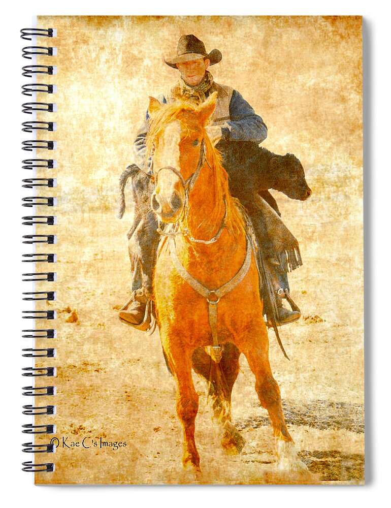 Cowboy Spiral Notebook featuring the mixed media Cowboy Helps Calf by Kae Cheatham