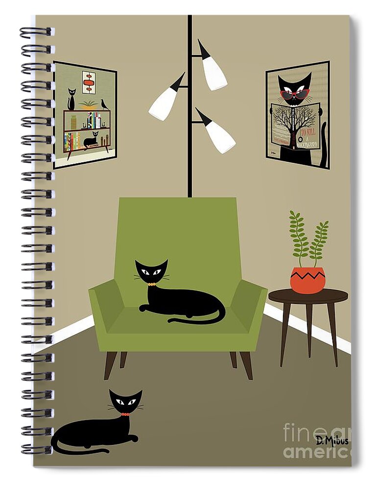 Mid Century Cat Spiral Notebook featuring the digital art Cozy Reading Corner by Donna Mibus