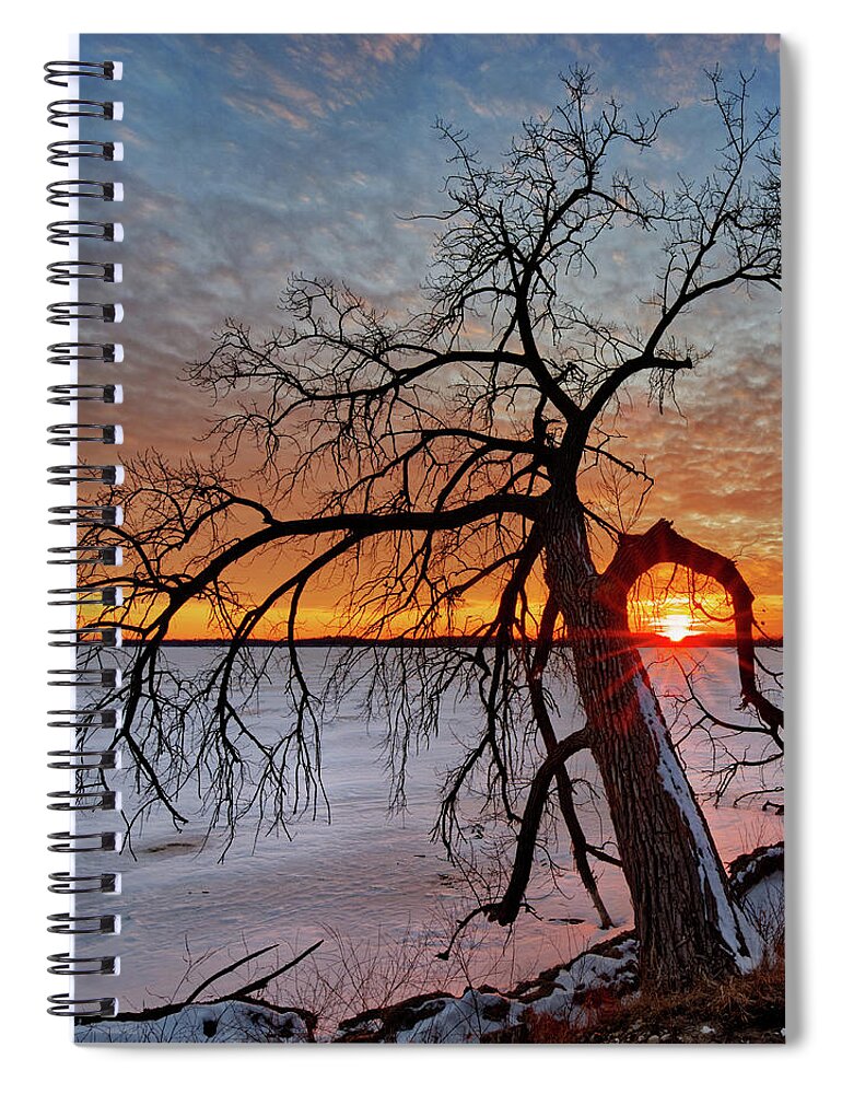 Waubesa Spiral Notebook featuring the photograph Cradled - sunset framed by cottonwood tree on Lower Yahara River trail at Lake Waubesa by Peter Herman