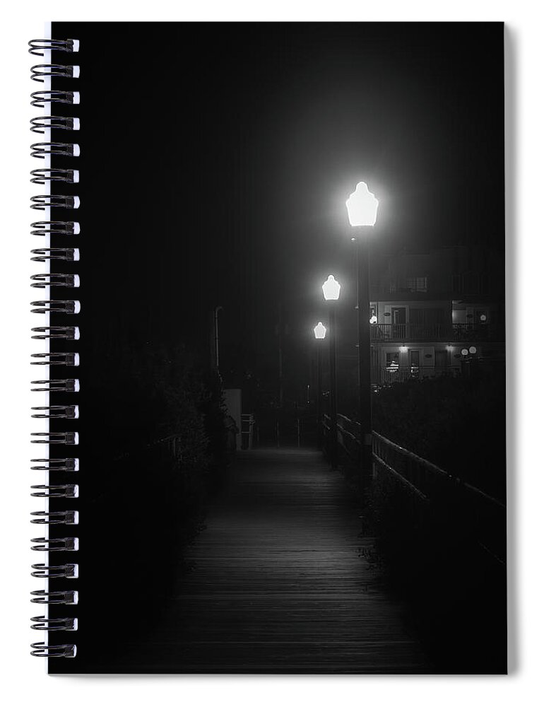Pier Spiral Notebook featuring the photograph Crest Pier at Night Black and White by Jason Fink