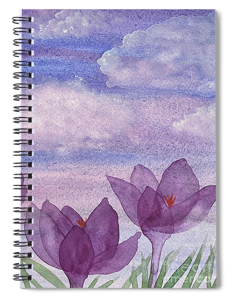 Crocuses Spiral Notebook featuring the painting Crocuses and Clouds by Lisa Neuman