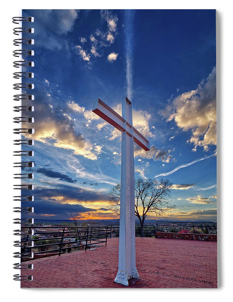 Cross Spiral Notebook featuring the photograph Cross of the Martyrs - historical monument in Santa Fe New Mexico by Peter Herman