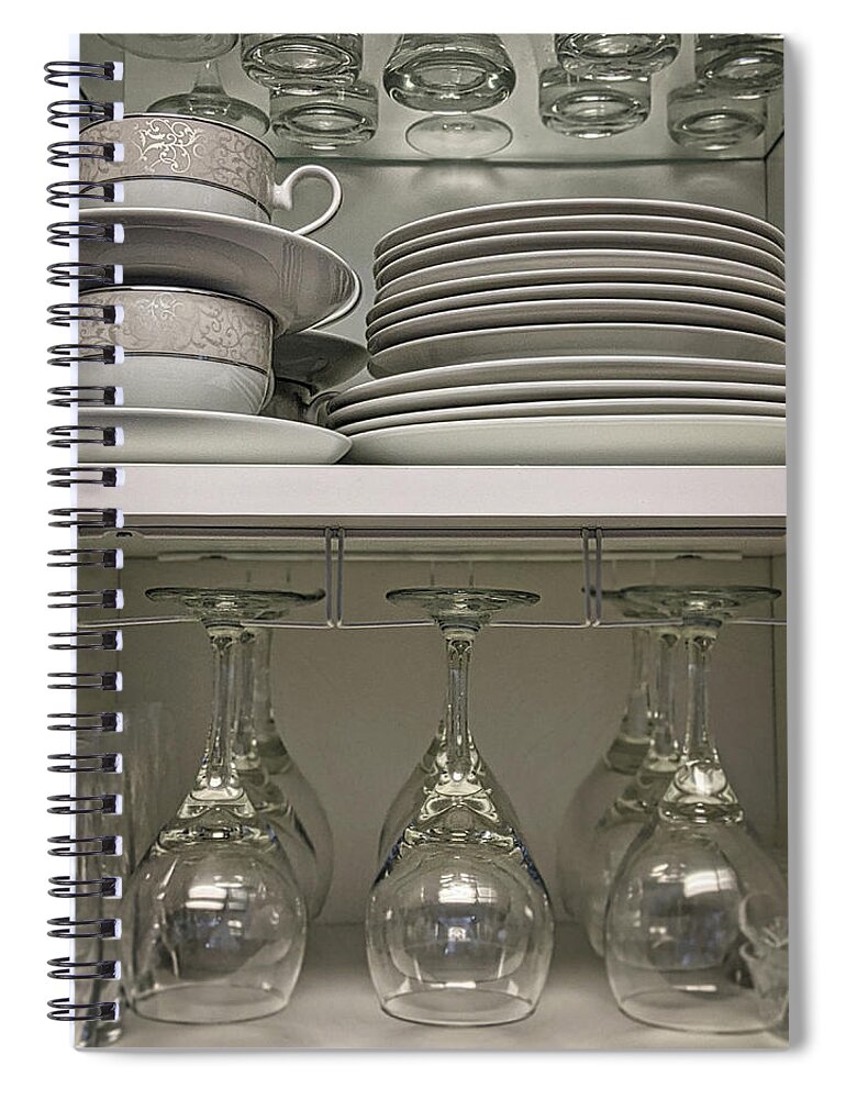 Table Spiral Notebook featuring the photograph Cupboard - wine glasses and plates by Portia Olaughlin