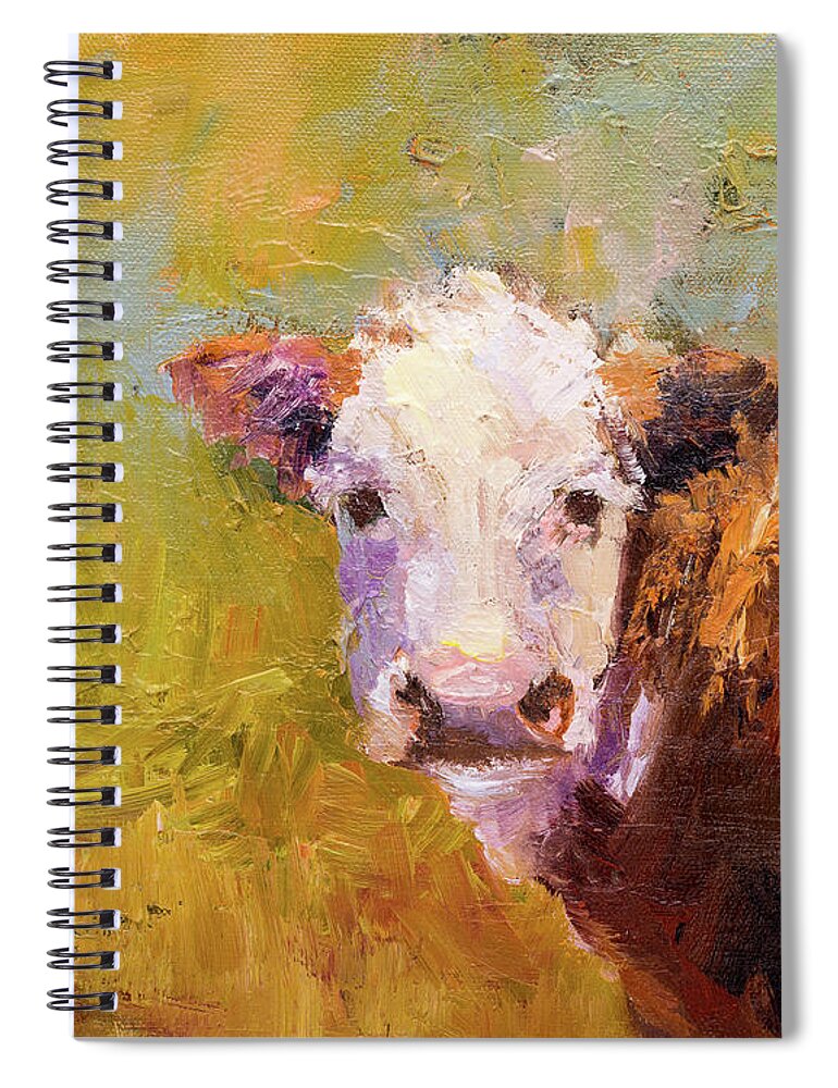 Cow Spiral Notebook featuring the painting Curious Calf by Radha Rao